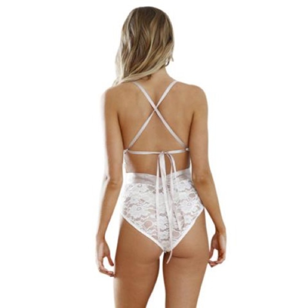 White Eyelash Lace Plunging V-neck Teddy Bodysuit - Picture 7 of 15